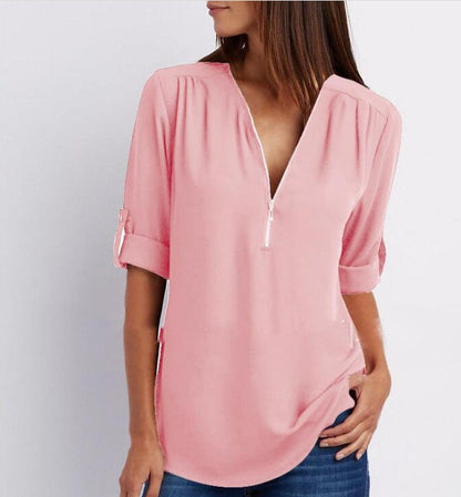Zip V-Neck Shirt Women - Loose Short Sleeve Tops, Breathable Dacron Fabric