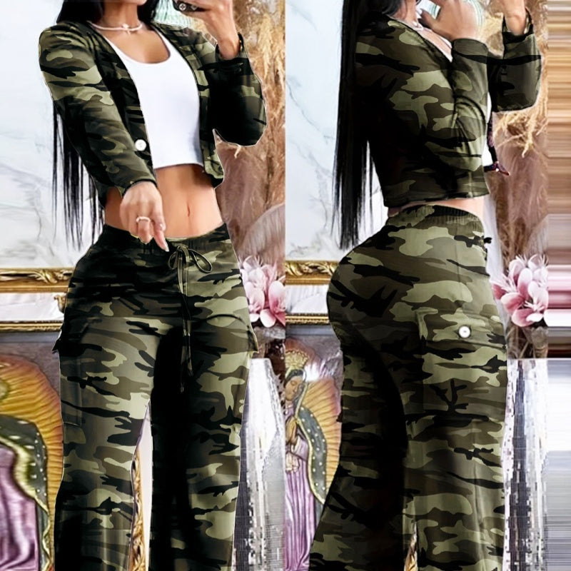 Wide-Leg Pants Set - Camouflage Outfit With Drawstring Pants And Long Sleeve Top