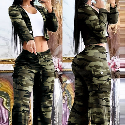 Wide-Leg Pants Set - Camouflage Outfit With Drawstring Pants And Long Sleeve Top