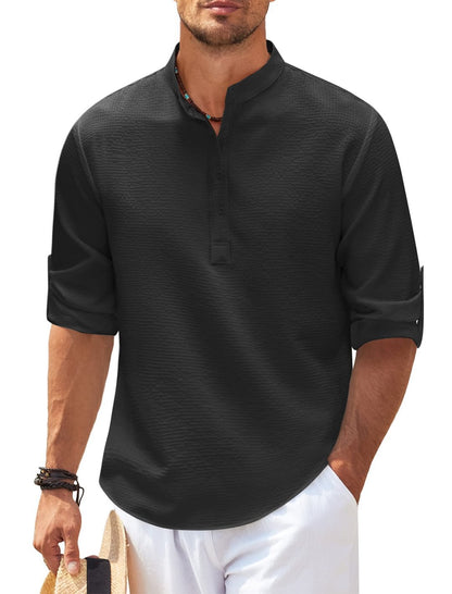Men's black casual textured Henley shirt with mandarin collar and rolled-up sleeves