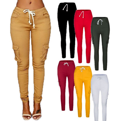 Women's Casual Pants - Multi-Pocket Cotton Trousers With Tight Fit And Middle Waist