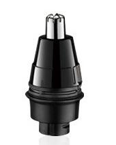 black electric nose hair trimmer with silver trimming head on white background