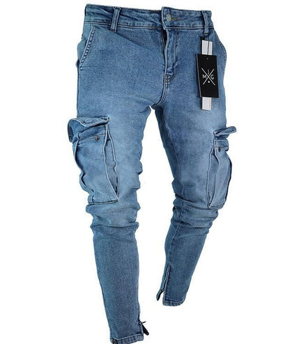Cargo Hole Denim Jeans | Men's Skinny Cotton Tapered Pants Light Blue