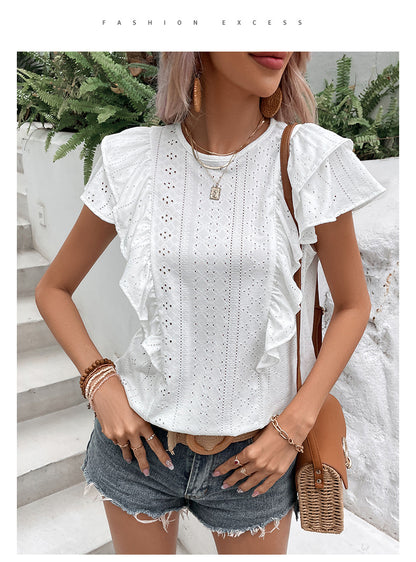 White Casual Shirt – Women's Ruffled Patchwork Blouse | Japanese Korean Style