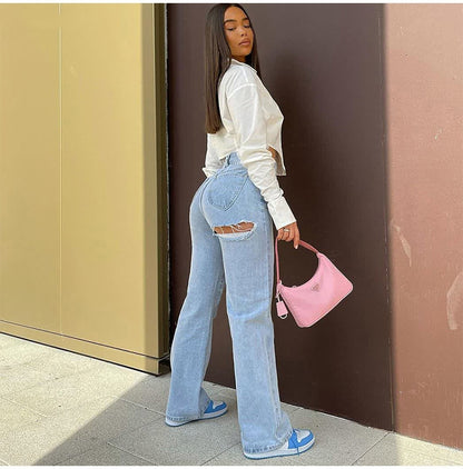 High Waist Denim Trousers | Stretch Ripped Hem Slit Pants For Women