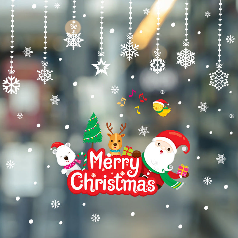 Festive Merry Christmas graphic with Santa, reindeer, polar bear, Christmas tree, snowflakes, and musical notes