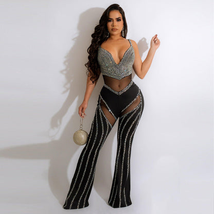 Rhinestone Jumpsuit – Stylish Women's Sleeveless Romper With Deep V Cut