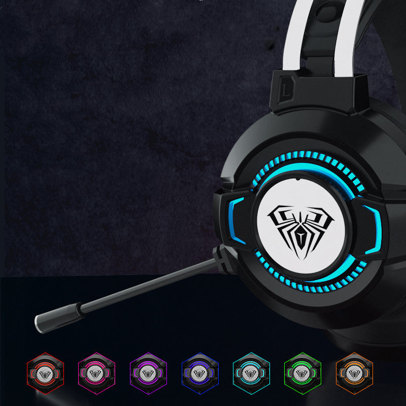 Black gaming headset with LED blue spider logo and adjustable microphone, showcased with multiple color options