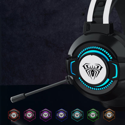 Black gaming headset with LED blue spider logo and adjustable microphone, showcased with multiple color options
