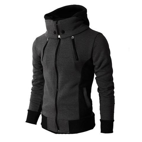 Dark gray men's zip-up hoodie with high collar and black accents on sleeves and sides