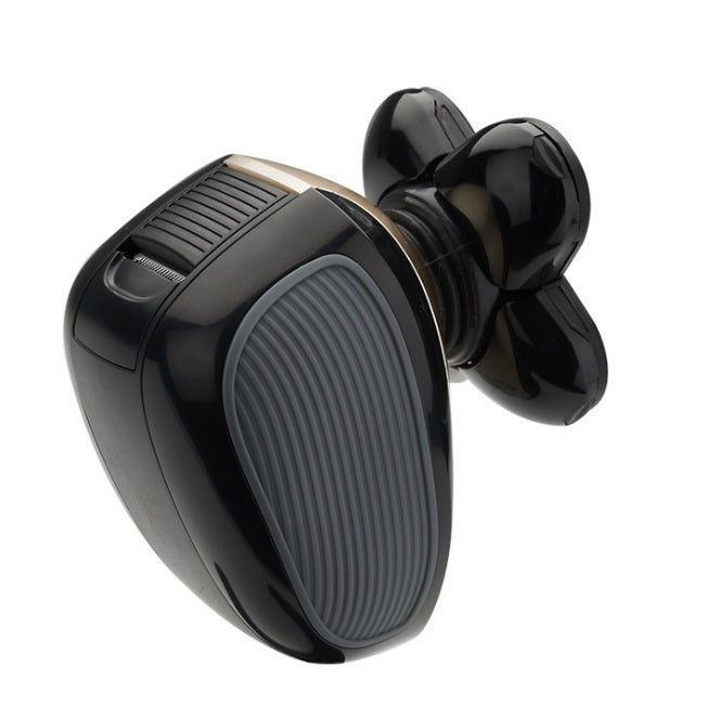 Black electric head shaver with triple rotary blades and ergonomic grip