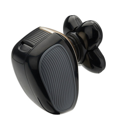 Black electric head shaver with triple rotary blades and ergonomic grip