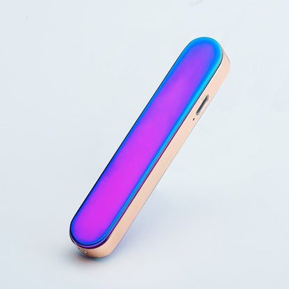 Sleek modern electronic device with vibrant purple-blue gradient surface and rose gold edges on white background