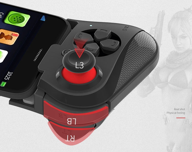 close-up of black and red mobile gaming controller with L3 joystick and buttons on smartphone