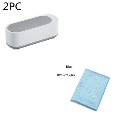 White and gray compact ultrasonic cleaner with two blue cleaning cloths 30x40cm
