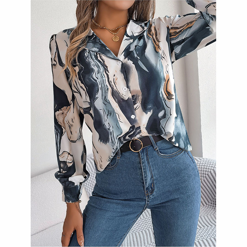 Printed Button Down Shirt - Women's Fall Tops With V Neck & Long Sleeves