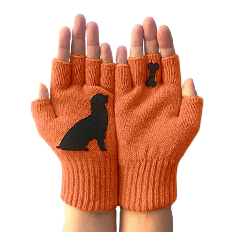 Orange fingerless gloves with black dog silhouette and bone design on back of hands