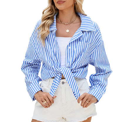 Striped Long Sleeve Shirt - Casual Button Top With Pockets | Loose Fit Women's Blouse