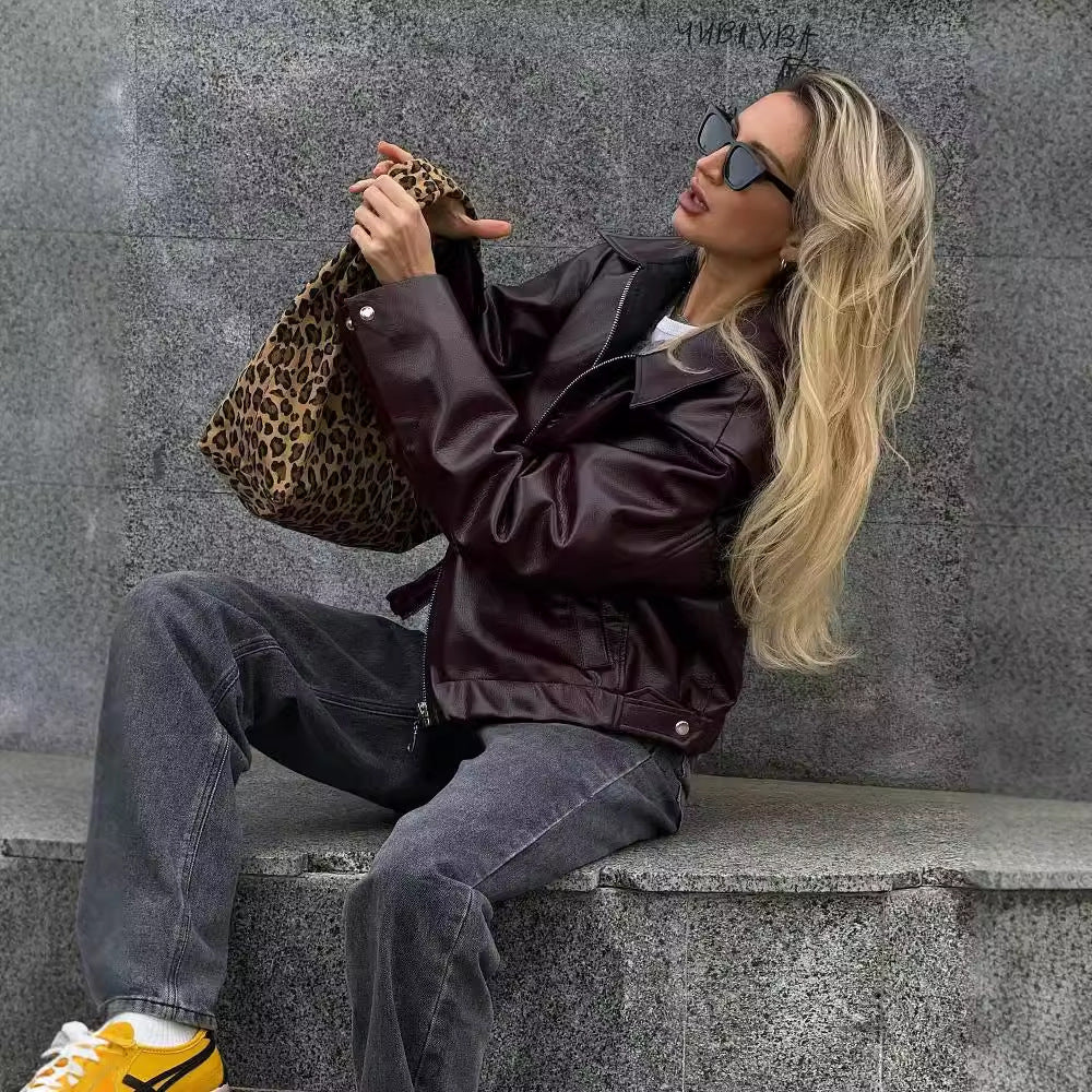 Leather Zipper Jacket | Women's Casual Lapel Coat | Burgundy & Black