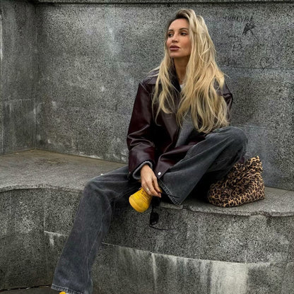 Leather Zipper Jacket | Women's Casual Lapel Coat | Burgundy & Black