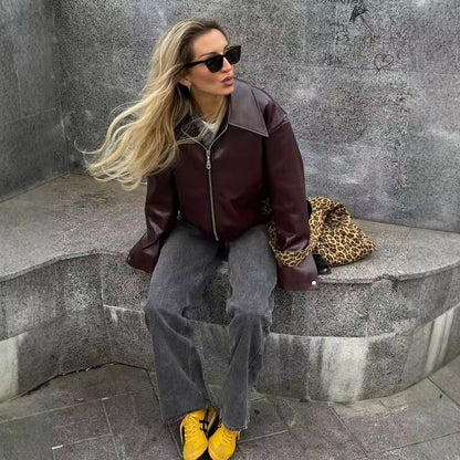 Leather Zipper Jacket | Women's Casual Lapel Coat | Burgundy & Black