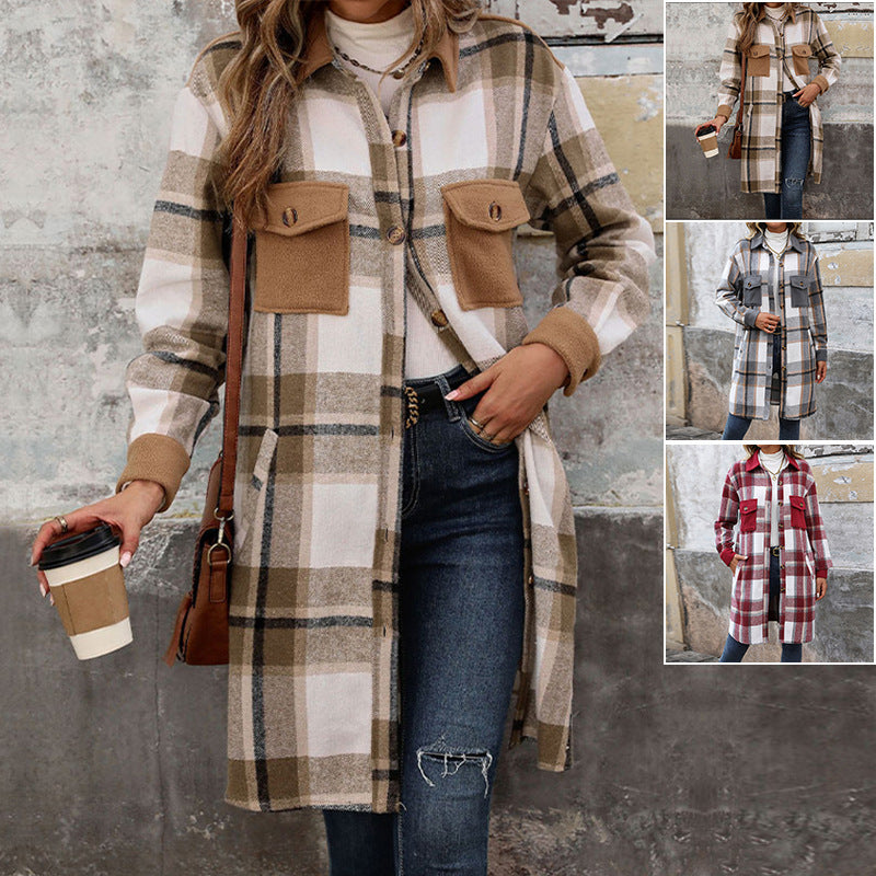 Plaid Long Coat - Women's Winter Jacket With Pockets, Loose Fit & Medium Thickness