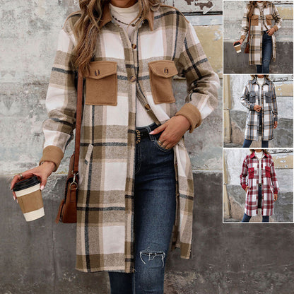 Plaid Long Coat - Women's Winter Jacket With Pockets, Loose Fit & Medium Thickness