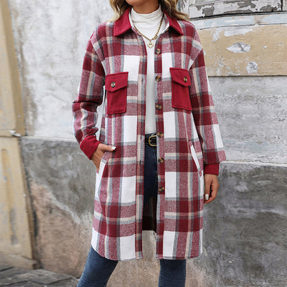 Plaid Long Coat - Women's Winter Jacket With Pockets, Loose Fit & Medium Thickness