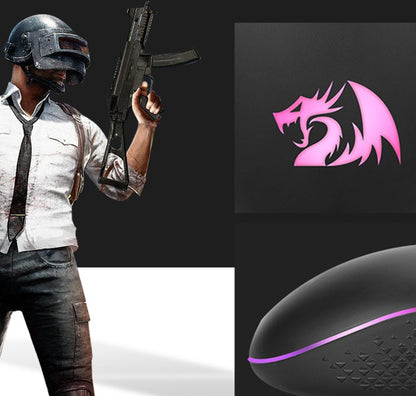 Video game character in combat gear holding rifle next to pink dragon logo and black gaming mouse