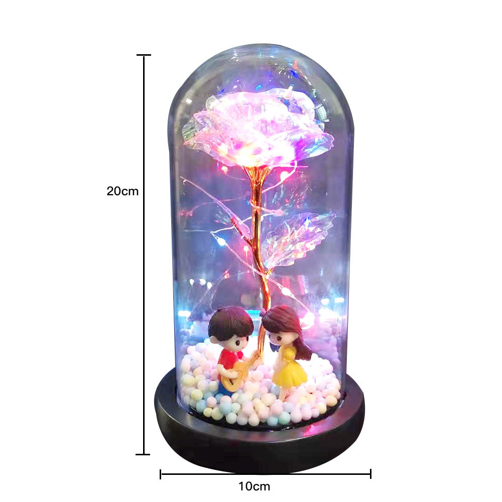 20cm LED light rose dome with a boy playing guitar and girl figurine inside colorful beads