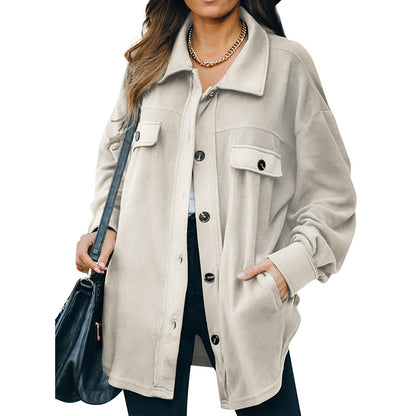 Fleece Cardigan Jacket - Medium Length Lapel Polyester Fleece Coat for Women