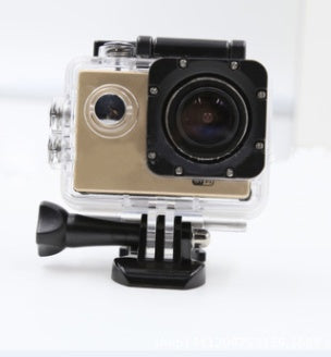 Compact action camera with wide lens in clear waterproof case mounted on black base
