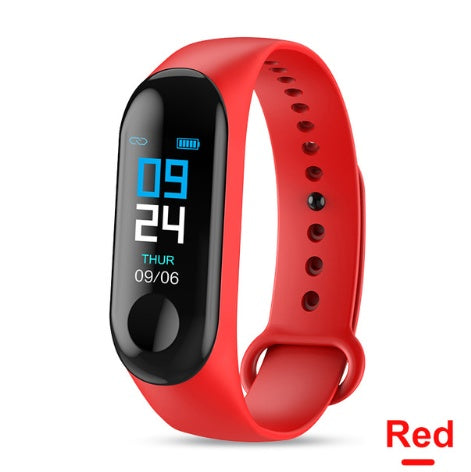 Red fitness tracker with digital display showing time, date, and battery icon