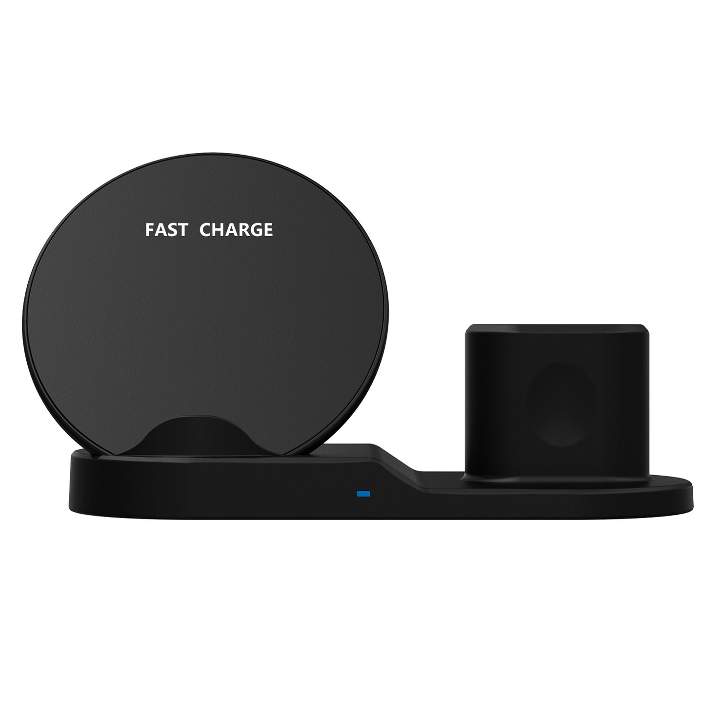Black fast charge wireless charging stand with circular pad and separate watch charging dock