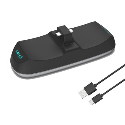 Black wireless charging dock with USB-C and USB-A cable, branded 'mind', sleek design