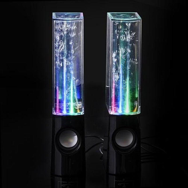 Pair of black water dancing speakers with colorful LED lights and bubbles inside transparent tops