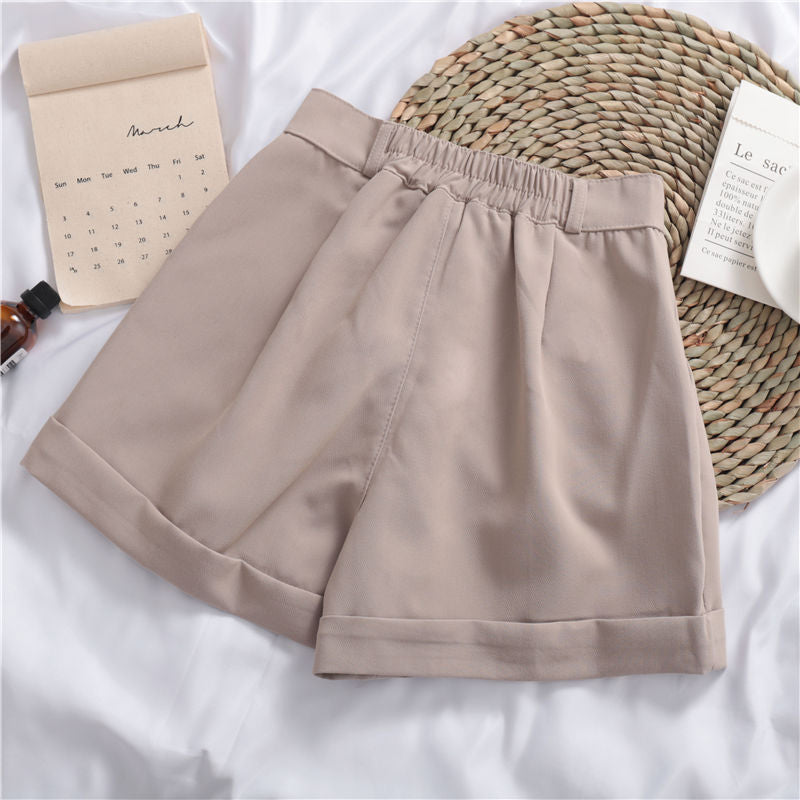 Wide-Leg Casual Shorts - High Waist Roll-Up Cotton Shorts for Women