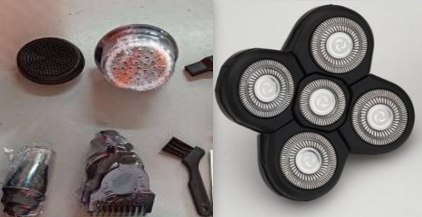 Electric shaver parts including rotary blades, trimmer heads, cleaning brush, and metal mesh cover