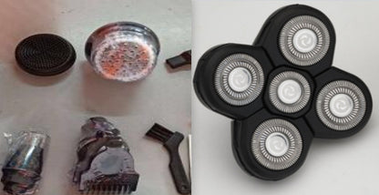 Electric shaver parts including rotary blades, trimmer heads, cleaning brush, and metal mesh cover