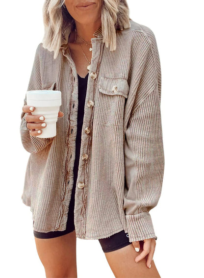 Button Shirt Jacket Women - Lapel Long Sleeve Fashion Jacket Tops