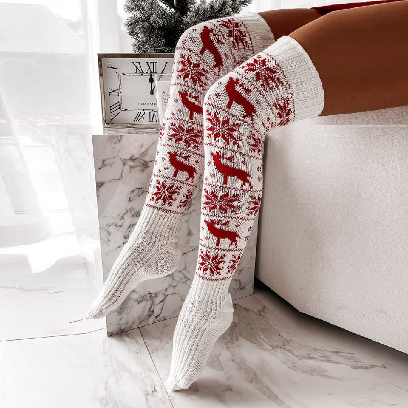 Christmas Thigh High Socks - Warm Knitted Winter Knee Socks With Snowflake Elk Pattern