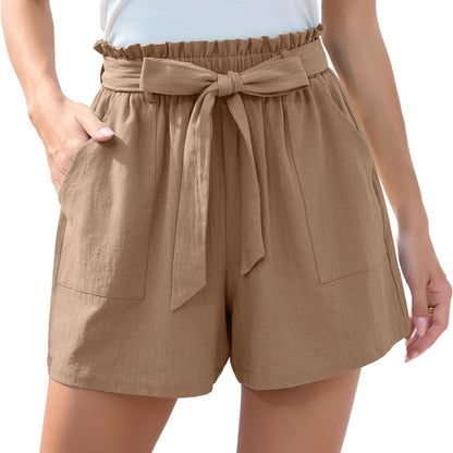 Ruffle Waist Tie Shorts - High Waist Summer Beach Pants With Pockets