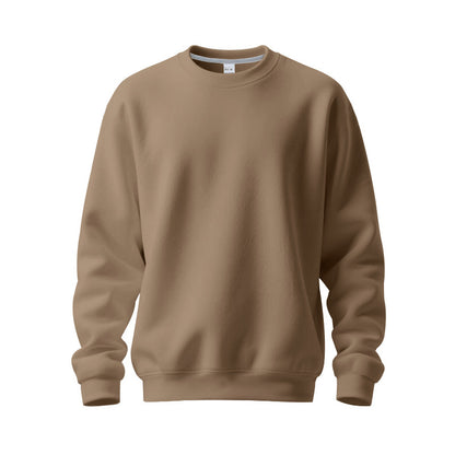 brown crewneck sweatshirt with long sleeves and ribbed cuffs and hem