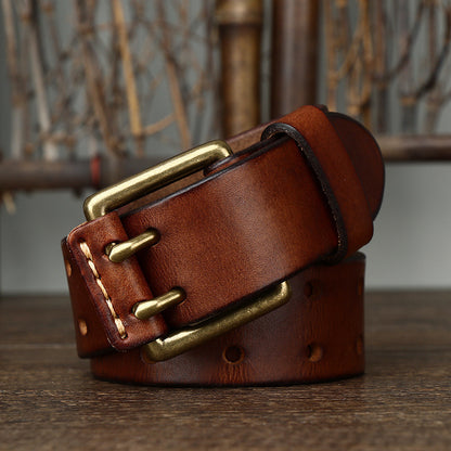 Vintage Leather Belt – Handmade Cowhide Brass Buckle Classic Men's Accessory