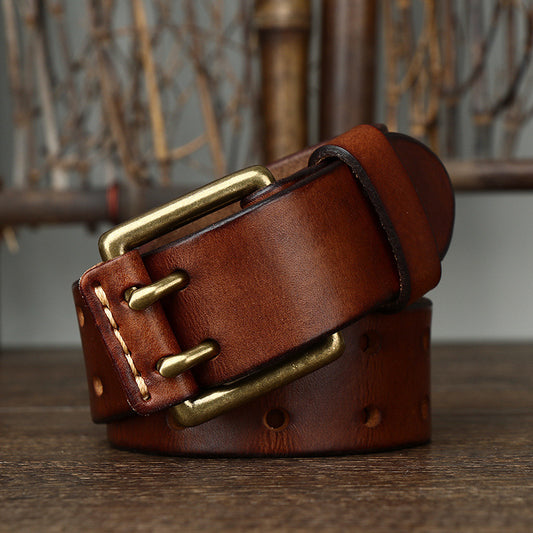 Vintage Leather Belt – Handmade Cowhide Brass Buckle Classic Men's Accessory