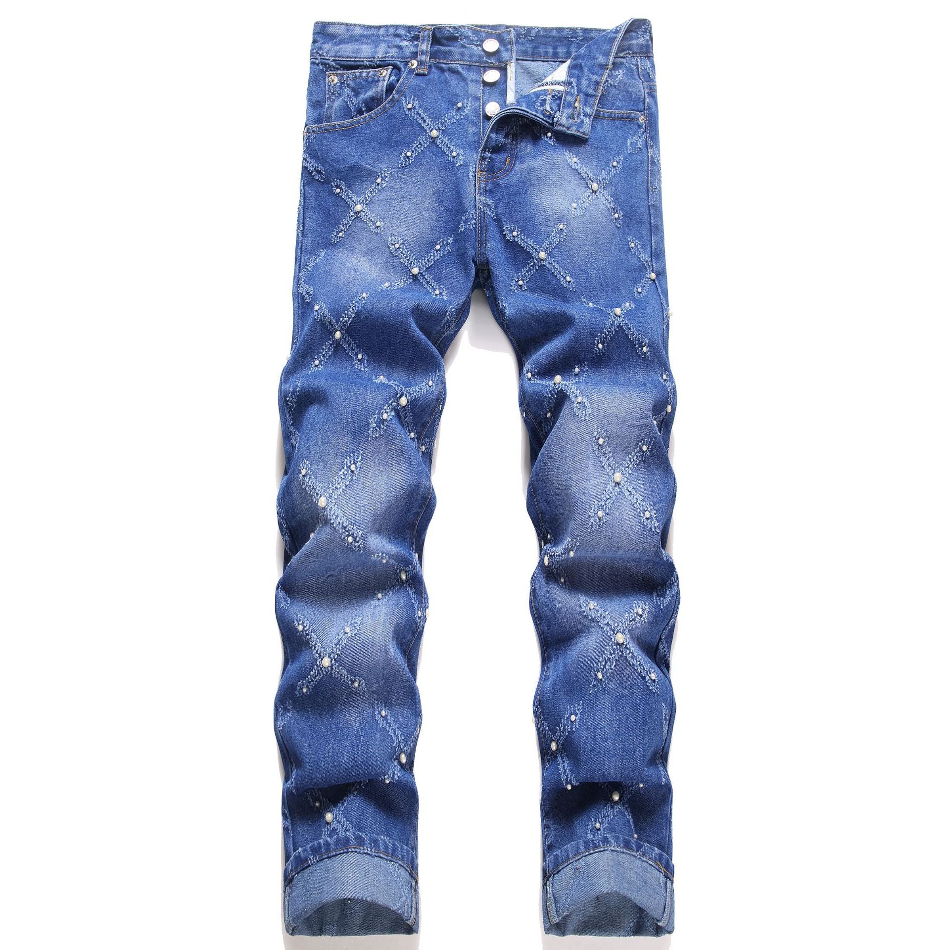 Blue denim jeans with cross pattern distressing and pearl embellishments, button fly closure