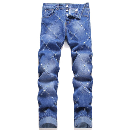 Blue denim jeans with cross pattern distressing and pearl embellishments, button fly closure