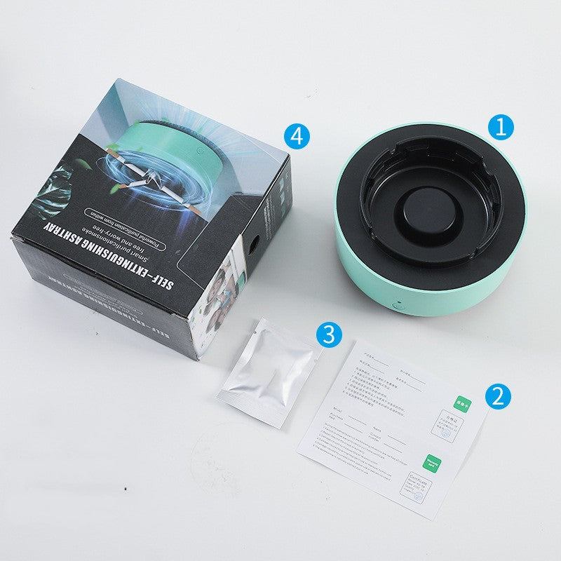 Self-fretting ashtray in mint green with box, user manual, and cleaning powder on white background