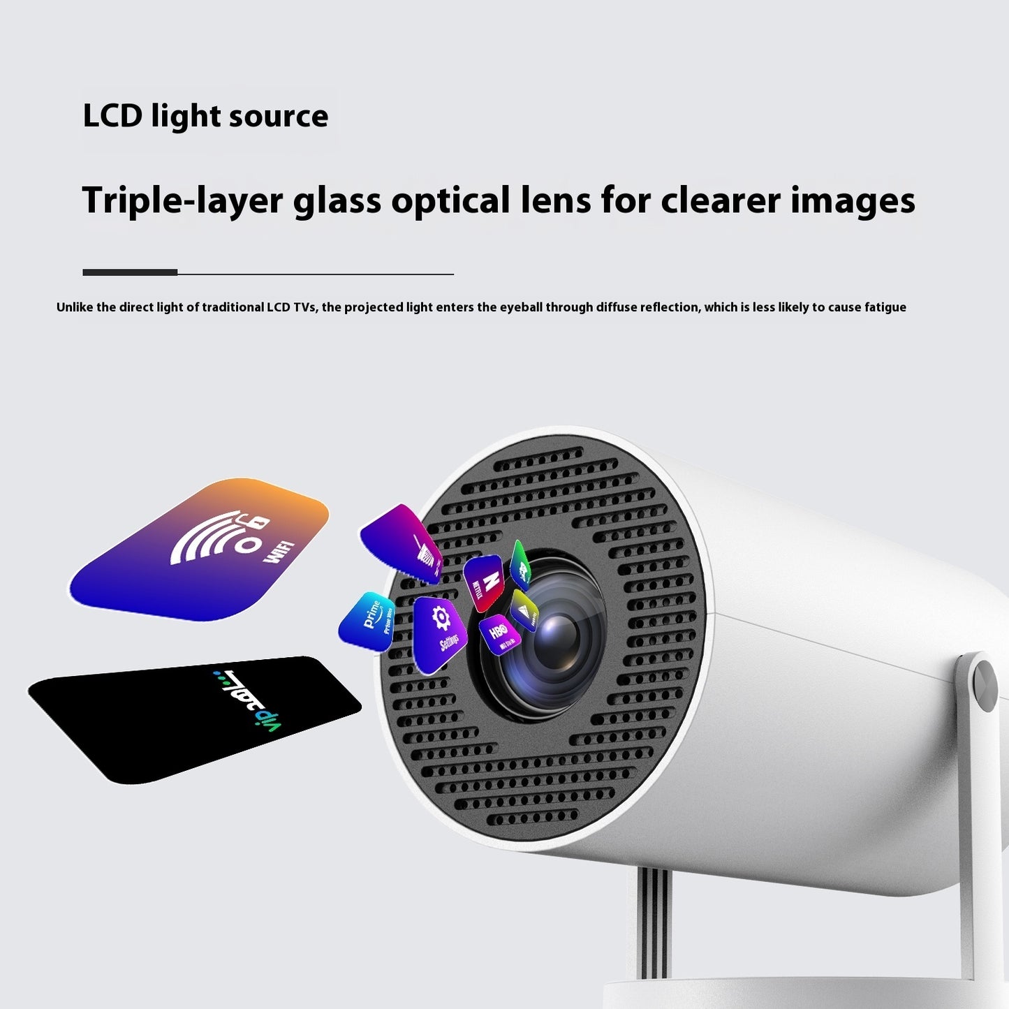 White modern projector with triple-layer glass lens emitting streaming app icons like Netflix and Prime