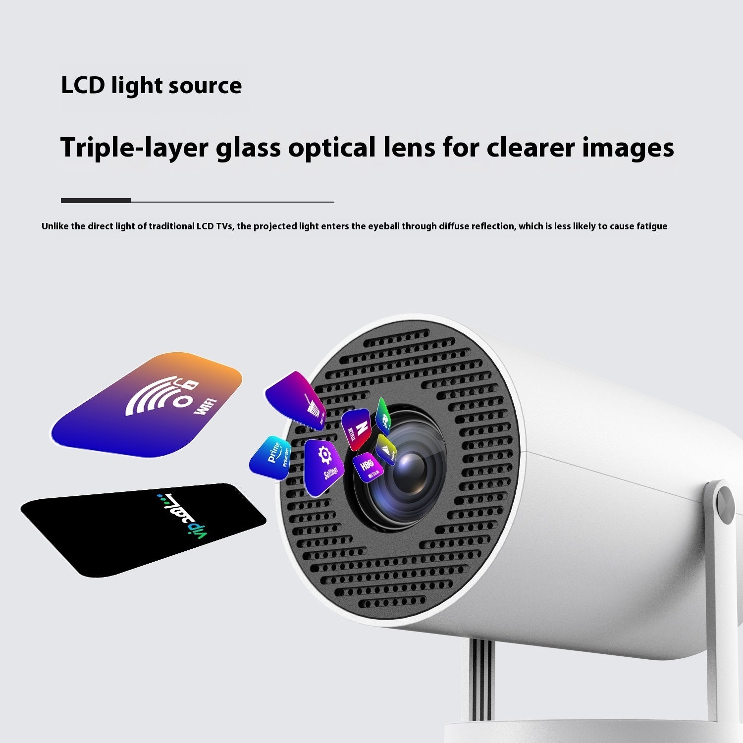 White modern projector with triple-layer glass lens emitting streaming app icons like Netflix and Prime